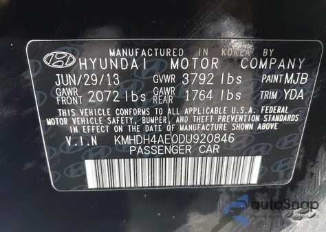 2013 Hyundai Elantra Gls из США, поврежденный, VIN KMHDH4AE0DU920846